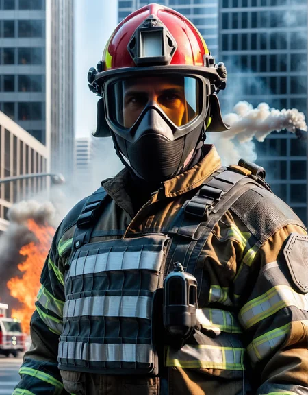 brave ais-rmr firefighter battling a fierce blaze in a downtown skyscraper, with flames reflecting in their visor <lora:ais-rmr-sdxl:1>