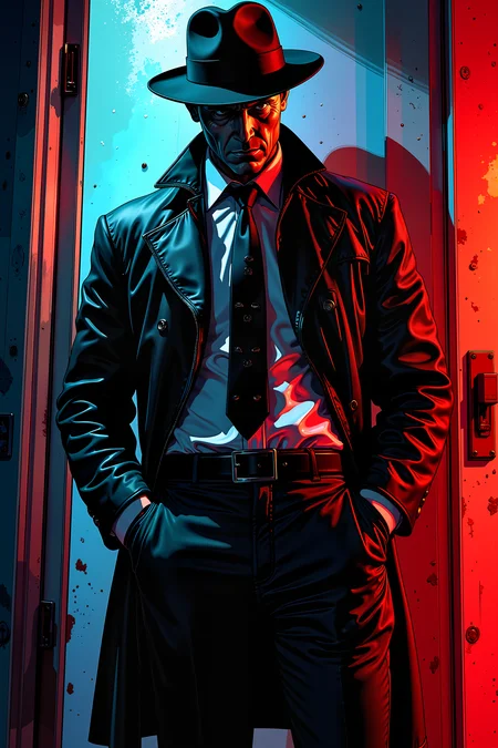 perectly ordinary criminal man in a perfectly ordinary crminial setting.Fantastic lighting. Detailed shadows.intricate details, vivid colors, hyper-detailed, ultra-sharp<lora:RetroAnimeFluxV1:0.3><lora:Flux DetailerV2><lora:Greg_Capullo_style:0.2><lora:Vintage comic book:0.3>