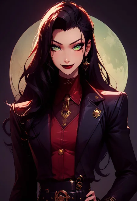 score_9, score_8_up, score_8, medium breasts, (curvy), cute, eyelashes,
rating safe,
BREAK,
aaAsami, light green eyes, red collar, black jacket, cowboy shot, long hair, black hair, green eyes, jacket, belt, hand on hip, makeup, lipstick,
beautiful detailed eyes, upper body, black background,
,BREAK,
smile, looking at viewer, upper body,
abstract background,
zPDXL, Expressiveh