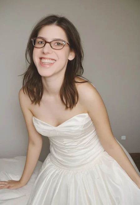 realistic photo of Beautiful young woman, perfect medium perky natural breasts, 2009 style, low rise, low contrast style, 8mm film, analog photography style, long brown hair, sharp facial features,thick nerdy glasses, pale white skin, , influencer, brown eyes, no makeup, instagram, detailed skin texture, detailed eyes, detailed face, slim, (small waist, wide hips, thick thighs:1.2), (sexy wedding dress:1.3), happy, smiling, juicy ass,