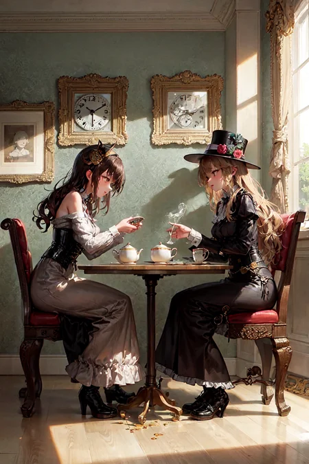 masterpiece, best quality, ultra-detailed, illustration, 1girl, solo, indoors, daytime, steampunk, clock, cafe, brown hair, top hat, goggles, corset, long skirt, boots, pocket watch, vintage, antique, brass, metal, gears, machinery, clockwork, clock tower, ornate, elegant, classic, sophisticated, refined, poised, contemplative, thoughtful, curious, mysterious, enigmatic, watchful, intelligent, bookish, coffee, cake, pastry, teapot, cup, saucer, table, chair, wallpaper, chandelier, window, sunlight, shadow, contrast, perspective, depth, texture, detail, realism, impressionistic, expressionistic, abstract, surrealistic, innovative, experimental, unique, atmosphere, ambiance, mood, nostalgia, historical, cultural, technological, industrial, fantasy, imagination, creativity, artistry, craftsmanship, skill, precision, detail, composition, balance, harmony, rhythm, color, light, shadow, reflection, refraction, tone, contrast, foreground, middle ground, background, vanishing point, horizon line, focal point, naturalistic, figurative, representational.