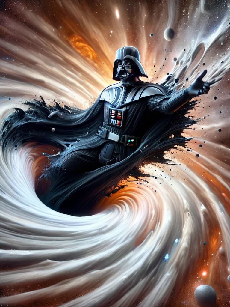 darth vader from star wars getting sucked into ral-blackhole, stardust, dissolvoing, warp <lora:ral-blackhole:1>