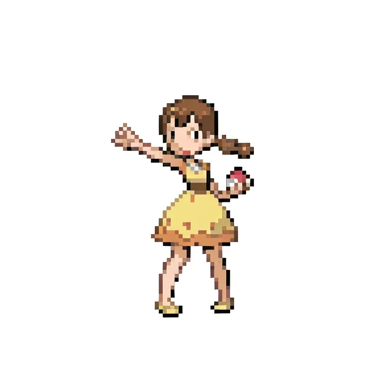 1girl,
brown hair, twintails, dress,
outstretched arm, holding poke ball