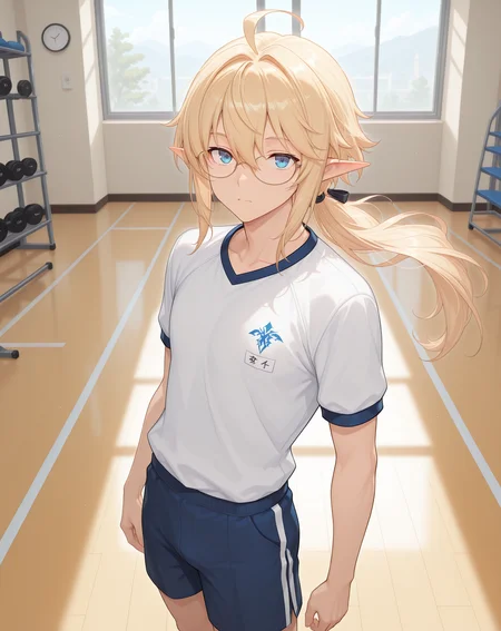 masterpiece,best quality,amazing quality, newest, very aesthetic, absurdres,
1boy, solo, yaoi, male focus, looking at viewer, cowboy shot, standing,
<lora:Grandiel_Likability_ilxl:1> likabilitygrandiel, pointy ears, blonde hair, blue eyes, long hair, glasses, hair between eyes, ahoge, low ponytail, floating hair, elf, sidelocks,
gym uniform, gym shorts, gym shirt,
indoors, gym,