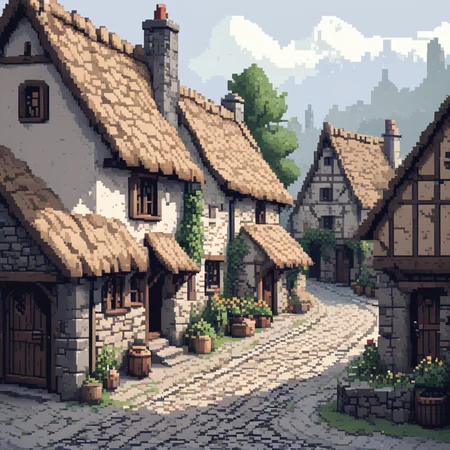 <lora:Pixel_Art_Styles:1> ArsMJStyle, Pixel Art , LowP, Medieval Village, The image shows a quaint medieval village with stone cottages, thatched roofs, and cobblestone streets. The pixel art is blocky and simplistic, with characters in the village depicted as small, pixelated figures going about their daily lives. The color palette is earthy, with muted browns, greens, and grays., village, stone cottages, thatched roofs, cobblestone, pixel characters, medieval, earthy tones, brown, green, gray, low resolution, simple, blocky, day