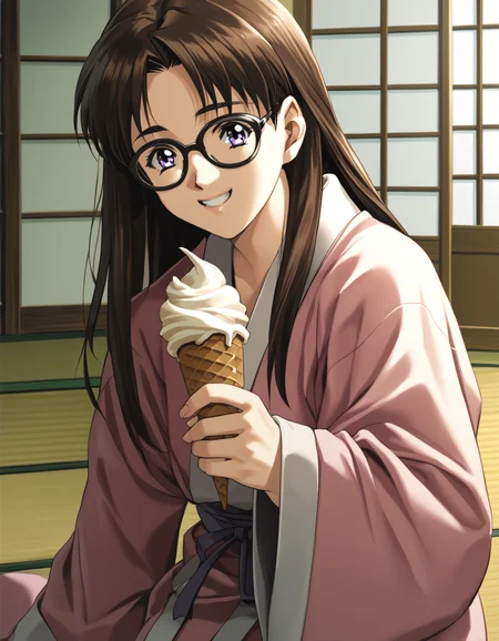 score_9, score_8_up, score_7_up, <lora:shuusaku-v2-ponyxl-000016:0.9> shiho, brown hair, purple eyes, glasses, sidelocks, long hair, robe, pink robe,
1girl, solo, tatami, ice cream, happy, close-up