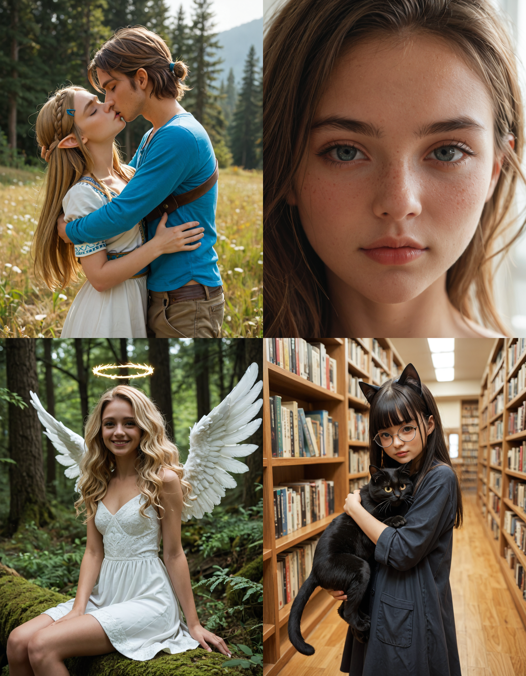 https://civitai.com/articles/5300 __ 1st image: score_9, score_8_up, score_7_up, 1girl, 1boy, Princess_Zelda, \(The_Legend_of_Zelda:_Breath_of_the_Wild\), standing, kiss, hug, closed_eyes __ 2nd image: score_9, score_8_up, score_7_up, 1girl, lovely face, portrait, close-up, looking_at_viewer, closed_mouth __ 3rd image: score_9, score_8_up, score_7_up, 1girl, solo, blonde_hair, wavy_hair, angel, angel_wings, halo, smile, sitting, forest, white_dress __ 4th Image: score_9, score_8_up, score_7_up, 1girl, solo, long_hair, black_hair, blunt_bangs, straight_hair, round_eyewear, cat_girl, cat_ears, cat_tail, standing, hug cat, looking_at_viewer, library