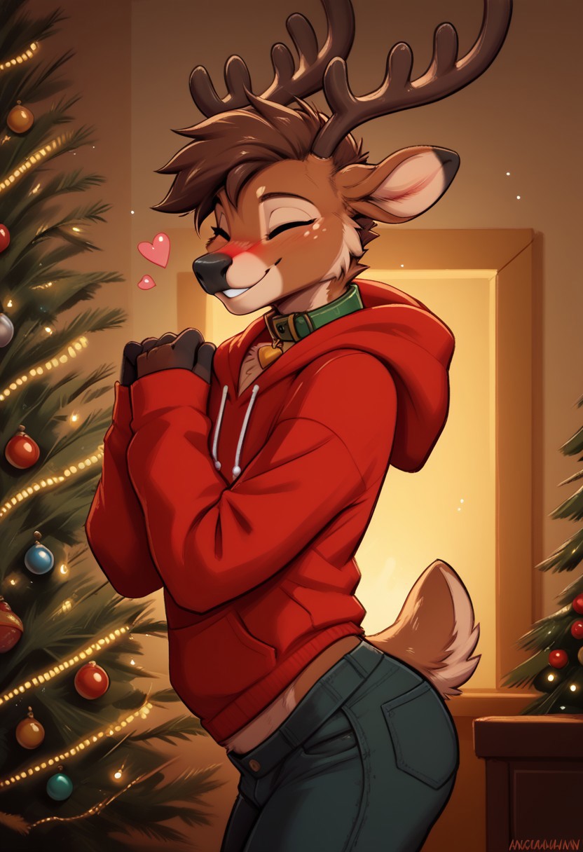 Zaush art style, furry, source_furry, anthro, femboy, indoors, Christmas tree, exposed shoulder, intricate details, male, dancing, collar, Christmas hoodie, stretchy pants, reindeer, antlers, heart on collar, smile, arching back, score_9, score_8_up, score_7_up, score_6_up, winking, cute midriff peek, side view, cute butt