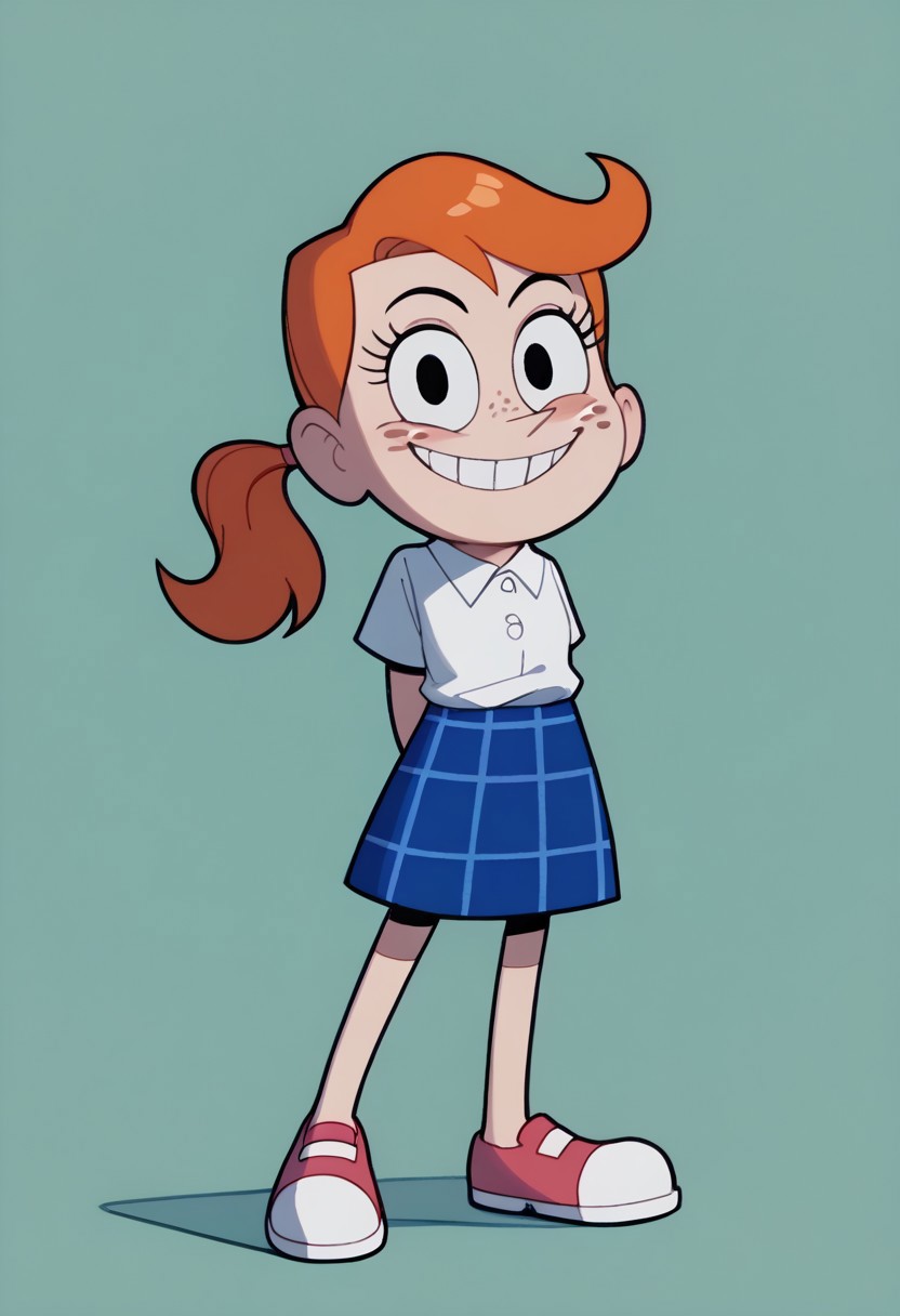 score_9, score_8_up, score_7_up BREAK MindyGrim, 1girl, orange hair, ponytail, black eyes, freckles, short-sleeve white polo shirt, blue plaid skirt, pink mary jane shoes, smiling at viewer, arms behind back,
