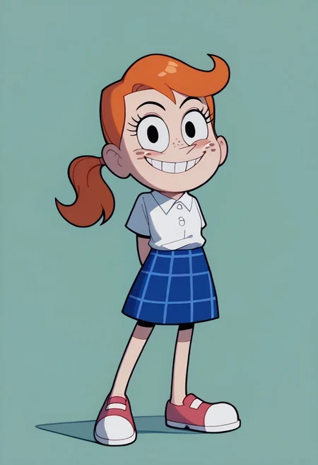score_9, score_8_up, score_7_up BREAK MindyGrim, 1girl, orange hair, ponytail, black eyes, freckles, short-sleeve white polo shirt, blue plaid skirt, pink mary jane shoes, smiling at viewer, arms behind back,