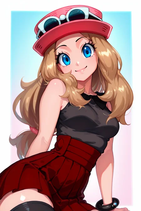 masterpiece, best quality, 1girl, solo, beautiful eyes, zzSerena, solo, long hair, blue eyes, eyewear on headwear, pink headwear, eyelashes, sleeveless shirt, black shirt, bracelet, high-waist skirt, red skirt, black thighhighs, <lora:SerenaPokemonIXL_v2:1.0>, <lora:TangobatIXL_v1:1.0>, upper body, smile, looking at viewer, shiny skin,