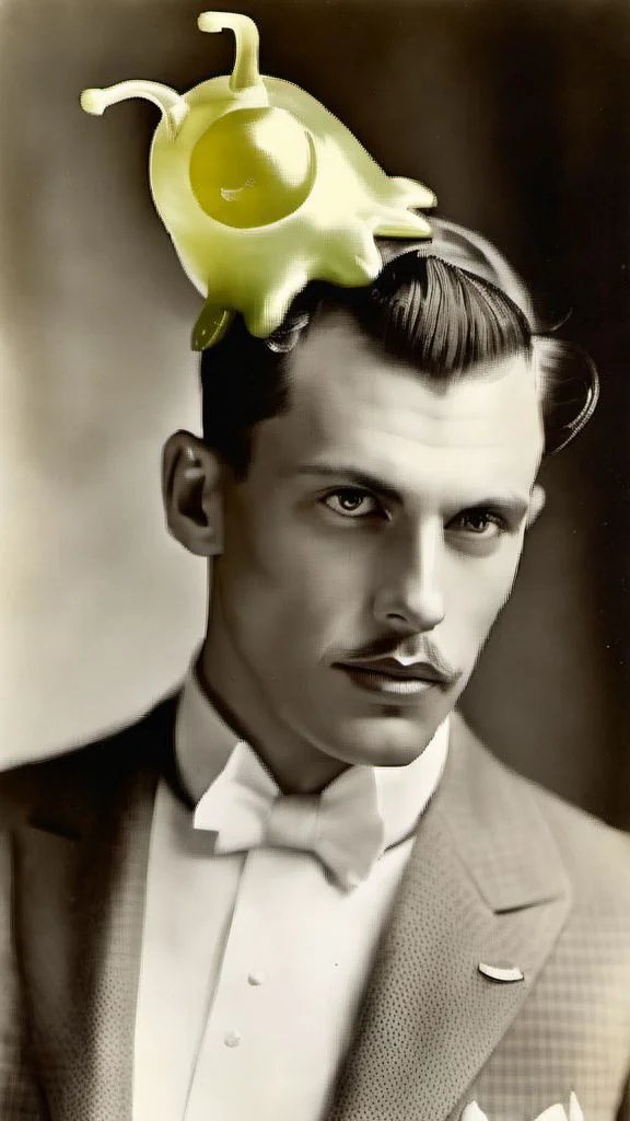A full body shot photo of (vintage male model) with ((a brain slug attached to his head)) <lora:SDXL-BrainSlug-Lora:1>, Very detailed, clean, high quality, sharp image, Alfred Cheney Johnston