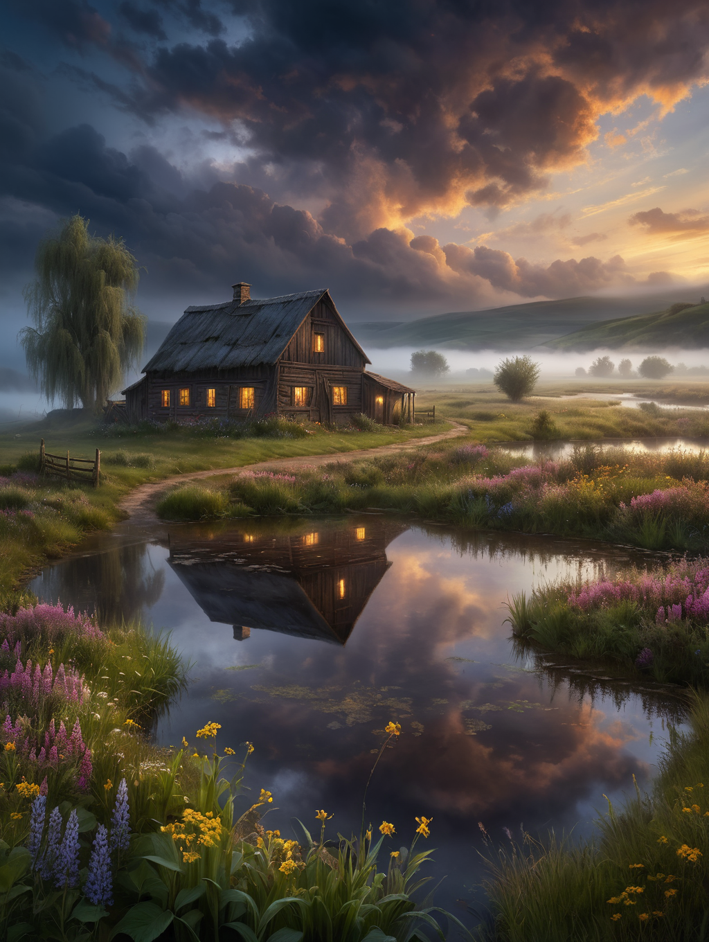 oil painting, A lonely farmstead on the edge of a misty moor, 34K uhd, masterpiece, high detail, 8k, intricate, detailed, high resolution, high res, high quality, <lora:add-detail-xl:1.8>, highly detailed, Extremely high-resolution details, fine texture,