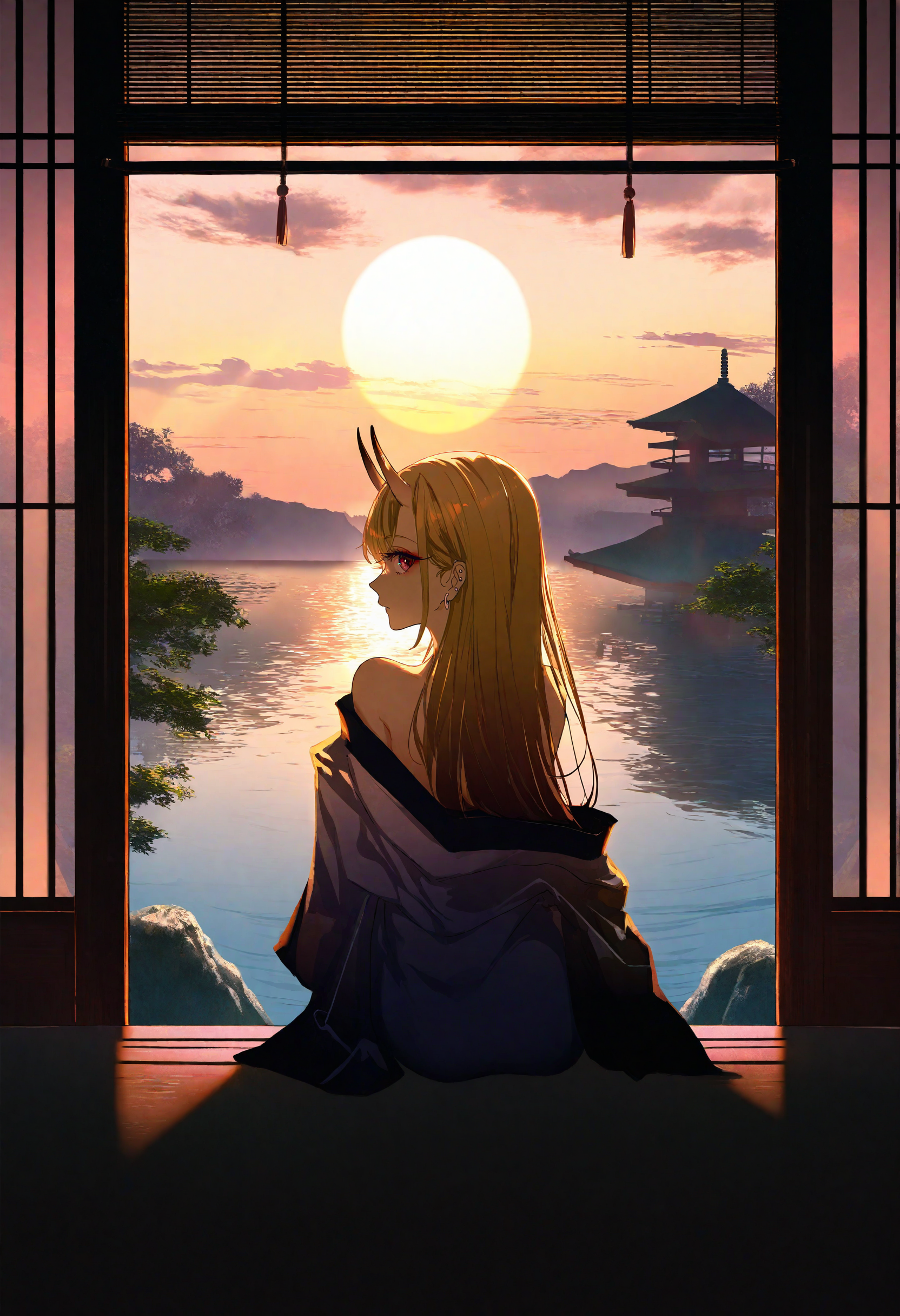 1girl, kitagawa marin, artist:[yoneyama mai|diyokama|say hana|miv4t], kimono, looking at viewer, looking back, from behind, sitting, off shoulder, close-up,
long eyelashes, oni horns, blonde hair, long hair,
scenery, no humans, misty lake, tree, sunset, clouds, east asian architecture, shouji, from inside, window, pov,
dappled sunlight, dark,
masterpiece, best quality, very aesthetic, absurdres
<lora:noobai_vpred_1_aqm_complete_v3:1>