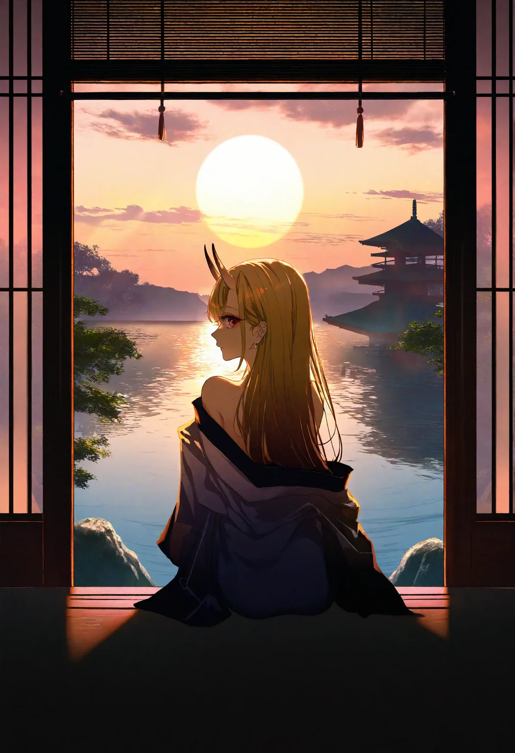 1girl, kitagawa marin, artist:[yoneyama mai|diyokama|say hana|miv4t], kimono, looking at viewer, looking back, from behind, sitting, off shoulder, close-up,
long eyelashes, oni horns, blonde hair, long hair,
scenery, no humans, misty lake, tree, sunset, clouds, east asian architecture, shouji, from inside, window, pov,
dappled sunlight, dark,
masterpiece, best quality, very aesthetic, absurdres
<lora:noobai_vpred_1_aqm_complete_v3:1>