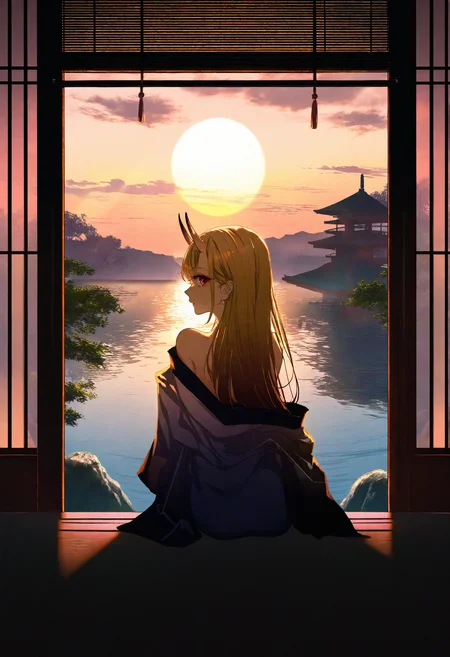 1girl, kitagawa marin, artist:[yoneyama mai|diyokama|say hana|miv4t], kimono, looking at viewer, looking back, from behind, sitting, off shoulder, close-up,
long eyelashes, oni horns, blonde hair, long hair,
scenery, no humans, misty lake, tree, sunset, clouds, east asian architecture, shouji, from inside, window, pov,
dappled sunlight, dark,
masterpiece, best quality, very aesthetic, absurdres
<lora:noobai_vpred_1_aqm_complete_v3:1>
