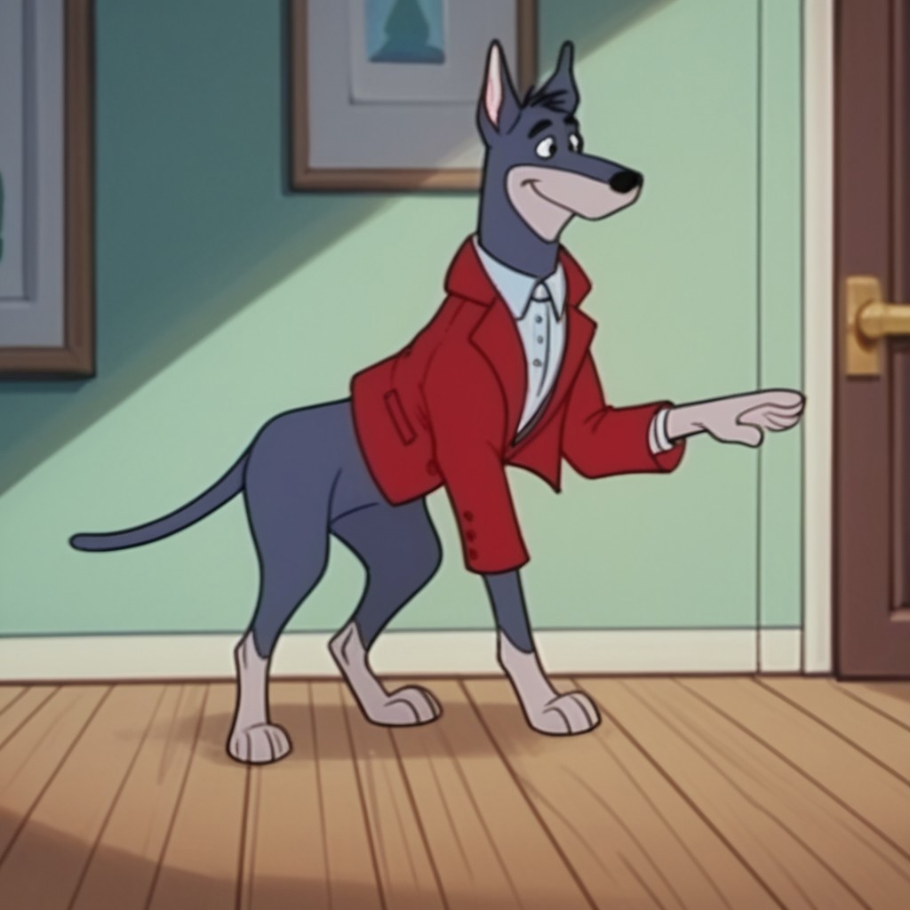 score_9, score_8_up, score_7_up, score_6_up, score_5_up, score_4_up, source_furry, dynomuttHB, feral, male, Doberman, Blue-gray fur, black eyes, red jacket, inside, solo, 1boy, formal