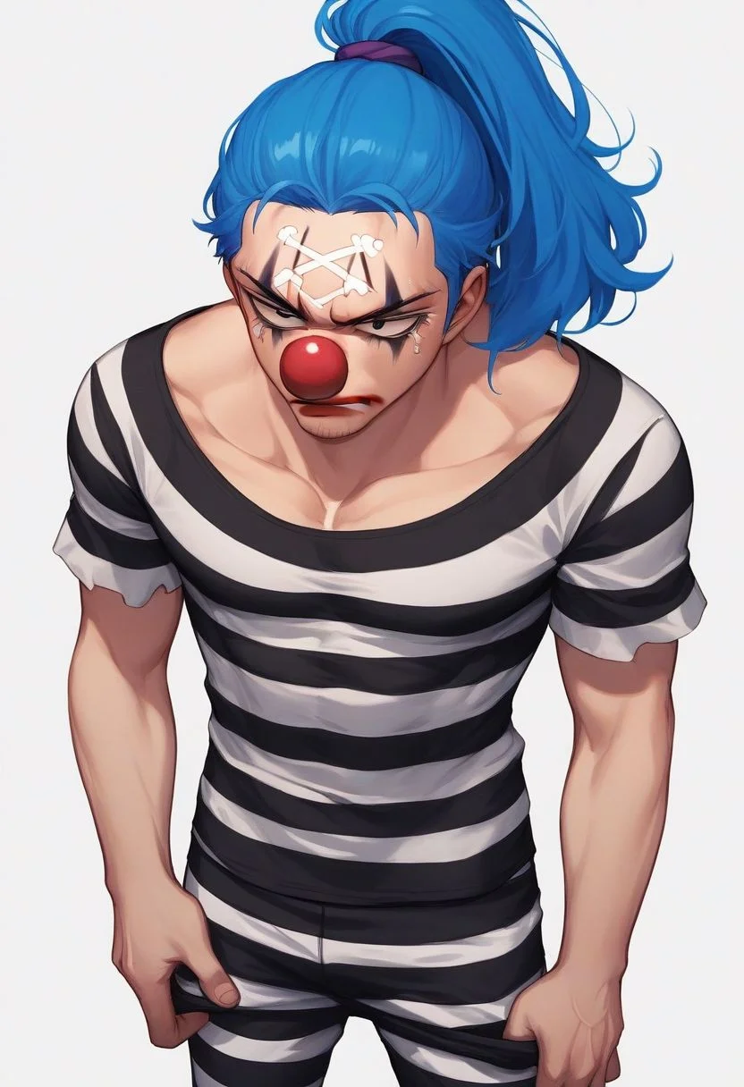 score_9, score_8_up, score_7_up, source_anime, solo, 1boy, Buggy, blue hair, black eyes, ponytail, clown nose, clown makeup, prisoner outfit, black and white striped shirt, black and white striped pants, annoyed, arms down at sides, pectorals, man, portrait, close up, standing, white background