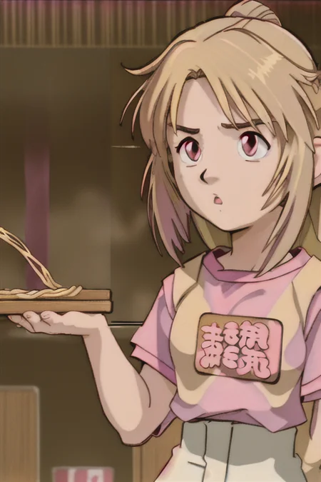 <lora:GameGirl:0.4> 1girl, GameGirl, brown eyes, (blonde hair with pink highlight streaks),  flat chest,  in a ramen shop, slurping noodles at a table <lora:evangelion1995Style_v1:1>, in neo tokyo at a ramen shop