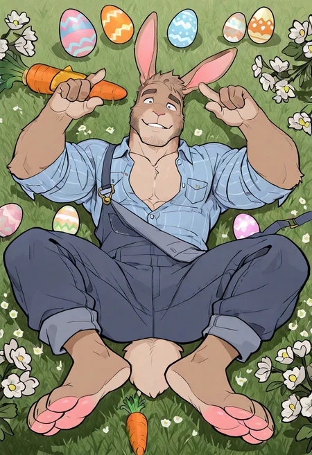 very awa, masterpiece, best quality, absurdres, newest, perfect quality, intricate details, male focus, m/m, male, human face, anthro rabbit, rabbit ears. b4cc4r4t, rabbit boy.
Teal rabbit, bunny ears, rabbit legs, lucky rabbit feet, facial hair, furry legs, light brown skin, human face, masculine. age 25, body hair, stubble, beard, half buttoned jean overalls
Large Easter eggs, carrots, spring flowers.