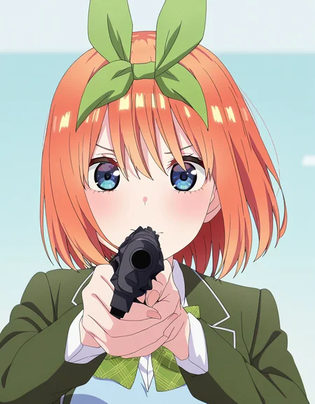 masterpiece, best quality, newest, absurdres, highres, safe,, <lora:yotsuba-nakano-s2-ponyxl-lora-nochekaiser:1>, yotsuba nakano, bangs, short hair, blue eyes, hair between eyes, hair ribbon, hairband, orange hair, green ribbon, large breasts, anime screencap, <lora:center-axis-relock-stance-illustriousxl-lora-nochekaiser:1>, center axis relock stance, looking at viewer, holding, closed mouth, weapon, holding weapon, gun, holding gun, handgun, aiming, finger on trigger, aiming at viewer, m1911,, ,