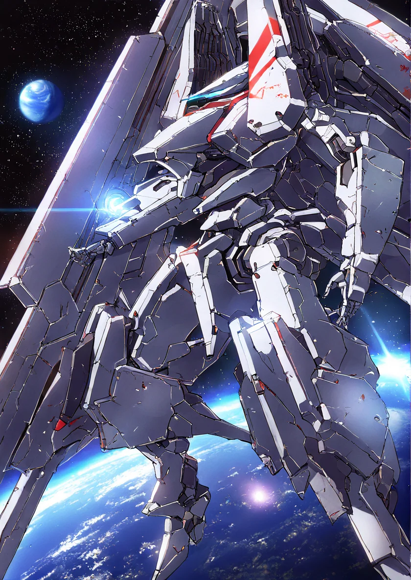 mecha,science fiction,no humans,glowing,retro artstyle,space,star \(sky\),planet,earth \(planet\),space craft,starry sky,weapon,milky way,masterpiece, best quality, very aesthetic, absurdres,, <lora:sidonia morito-NAI:0.8>