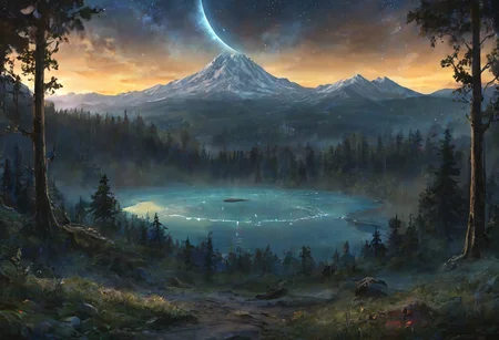 35mm photograph, film, bokeh, professional, beautiful fantasy forest with a mountain in the background and a lake at night with a dripping black hole, planetary debris ring arching actoss the sky, astrophotography, hyperrealistic, super realistic, sharp focus, 32k, (((masterpiece))) (((ultimate quality))), exquisite beauty, highiest texture resolution, photorealistic, fantasy setting, epic composition, PEAnimeBG, Background, anime, scenery, digital storybook illustration, textured brushwork, c0l0r, sharp focus, low detail, blurry foreground, 8k resolution