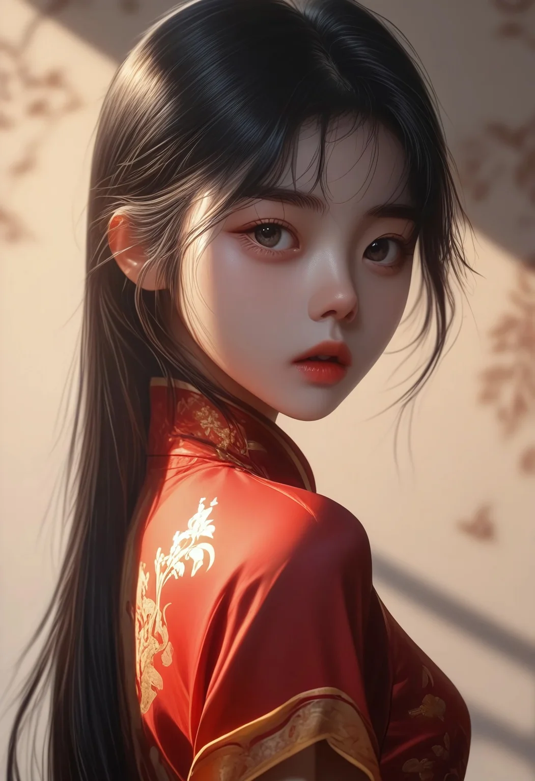 score_9, score_8_up, score_7_up, ((( )))
,
((( 1girl, solo, parted lips)))
,
(( Upper body view, frontal shot))
,
((( Petite )))
,
((( )))
,
((Meilinmb, black hair, long hair))
,
(( Empty white room ))
,
((( Red cheongsam with golden pattern)))
,
(((( )))