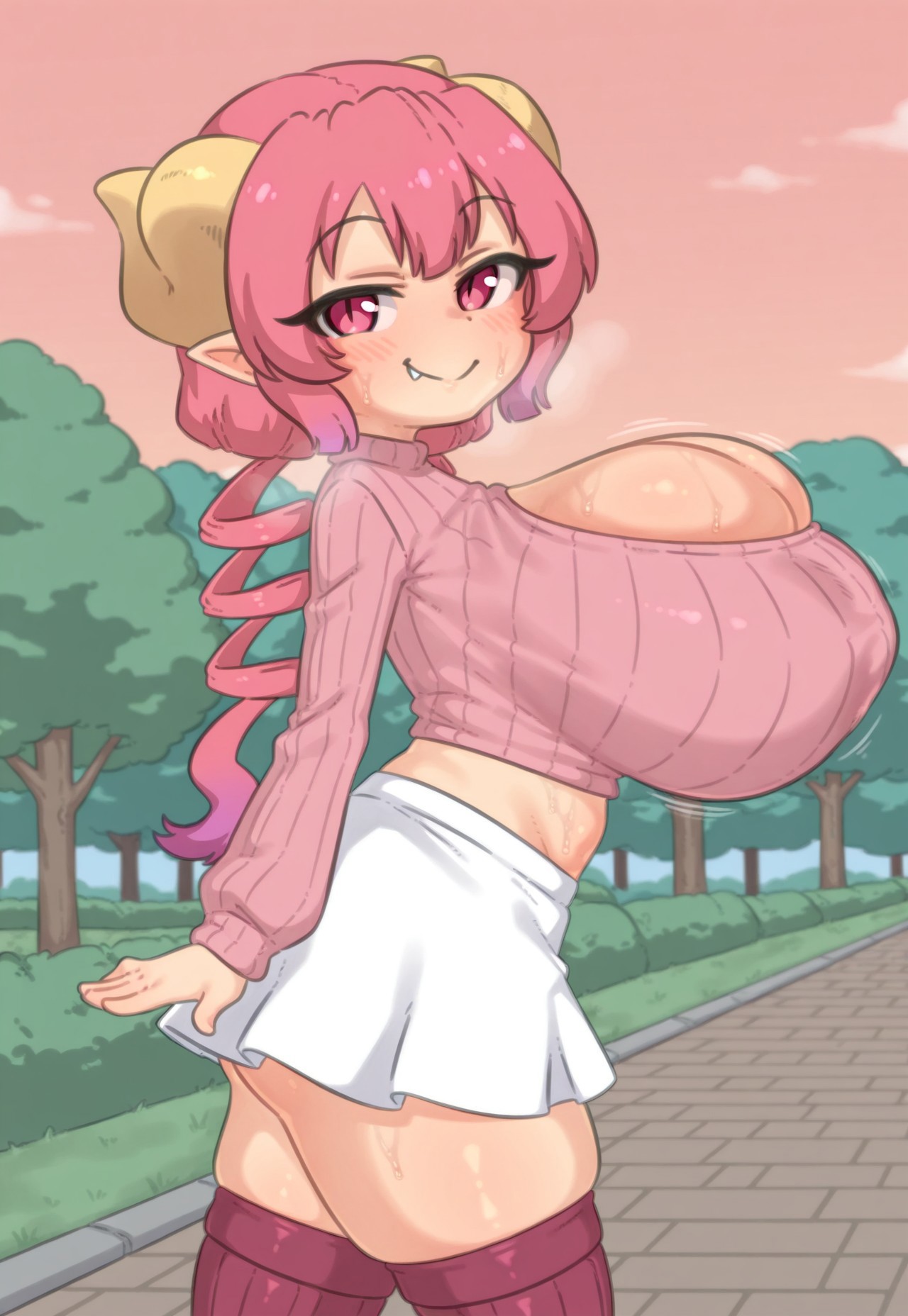 masterpiece, 1girl, ilulu-basukechi(il), Basukechi style(il), long hair, Pink hair, pink eyes, slit pupils, pink to purple hair, gradiant hair, low twintails, twintai hair drills, curled horns, pointy ears, Fang, (huge breasts:1.2), shortstack, bursting breasts, thick thighs, wide hips, pink sweater, croptop sweater, midriff, white skirt, pink ribbed thighhighs, park, walking, (from side:0.5), pink sky, pink trees, smile, smug, looking at viewer