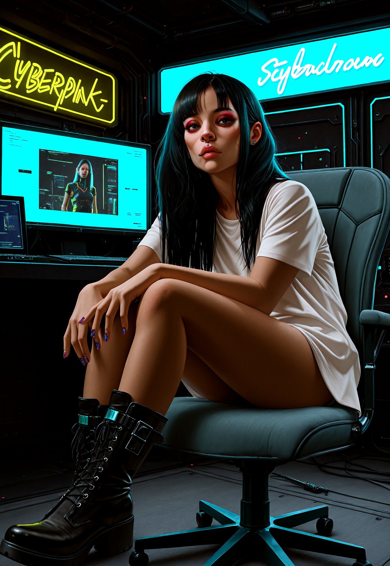 masterpiece, best quality, absurdres, very aesthetic, D3ND3N, girl, solo, sitting, black hair, long hair, nail polish, looking at viewer, realistic, neon lights, monitor, chair, shirt, nose, white shirt, boots, piercing, lips, cyberpunk, short sleeves, makeup, grainy, film photography
