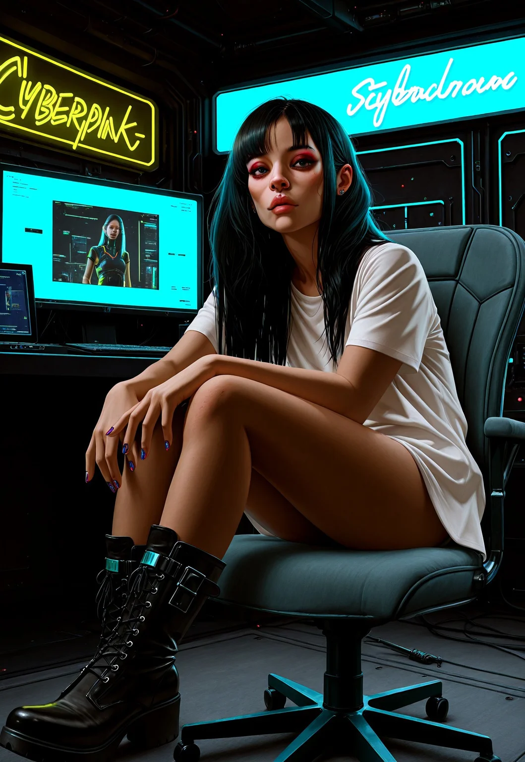 masterpiece, best quality, absurdres, very aesthetic, D3ND3N, girl, solo, sitting, black hair, long hair, nail polish, looking at viewer, realistic, neon lights, monitor, chair, shirt, nose, white shirt, boots, piercing, lips, cyberpunk, short sleeves, makeup, grainy, film photography