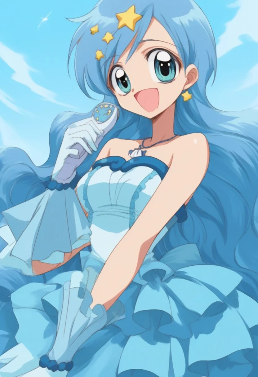 score_9,score_8_up,score_7_up, source_anime, <lora:hanon.pony:1>,hanon,blue hair,long hair,blue eyes,mini dress,gloves,boots,off shoulder,bare shoulder,shell necklace,wrist jewlry, standing, bend over, solo, looking at viewer, cowboy shot, dutch angle