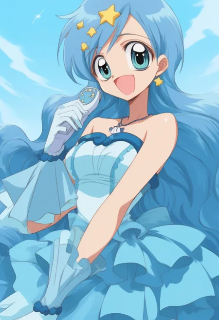 score_9,score_8_up,score_7_up, source_anime, <lora:hanon.pony:1>,hanon,blue hair,long hair,blue eyes,mini dress,gloves,boots,off shoulder,bare shoulder,shell necklace,wrist jewlry, standing, bend over, solo, looking at viewer, cowboy shot, dutch angle