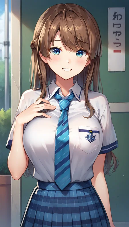 score_9,score_8_up,score_7_up,score_6_up BREAK official art,solo,outdoors,upper body,(portrait:1.5),looking at viewer,facing viewer,smile,blush,Suzumori Satsuki,long hair,brown hair,braid,sidelocks,diagonal bangs,blue eyes,school uniform,white shirt,collared shirt,dress shirt,breast pocket,blue necktie,diagonal-striped necktie,plaid necktie,short sleeves,large breasts,shirt tucked in,blue skirt,pleated skirt,plaid skirt,black socks,loafers,brown footwear,<lora:Suzumori Satsuki(am)-Pony:1.2>,