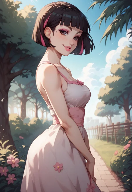 score_9, score_8_up, score_7_up, score_6_up, score_5_up, score_4_up, rckst style, atmospheric lighting, 1girl,Sarah, SarahRH, short black hair, bob cut, straight hair, blunt bangs, dyed bangs (pink), (pink) streaked hair, dark eyes, cute face, beautiful lips, medium breasts, curvy, large hips, pale skin, mole under her eye, moles on her body, makeup, pink lip gloss, smiling, closed lips, side view, standing up, posing, posing cute, outdoors, pink sundress, squared pattern sundress, trees, shadows, aesthetic