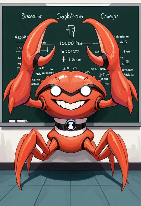 masterpiece, best quality, amazing quality, very aesthetic, absurdres, newest,
brainstorm, solo, teeth, no humans, pokemon (creature), , clenched teeth,  crab, crab claws, , , collar,, full body, spider legs, lobster claws, 
massive crab claws, massive lobster claws, chela, , smile, math class, raised arms, nerd glasses,