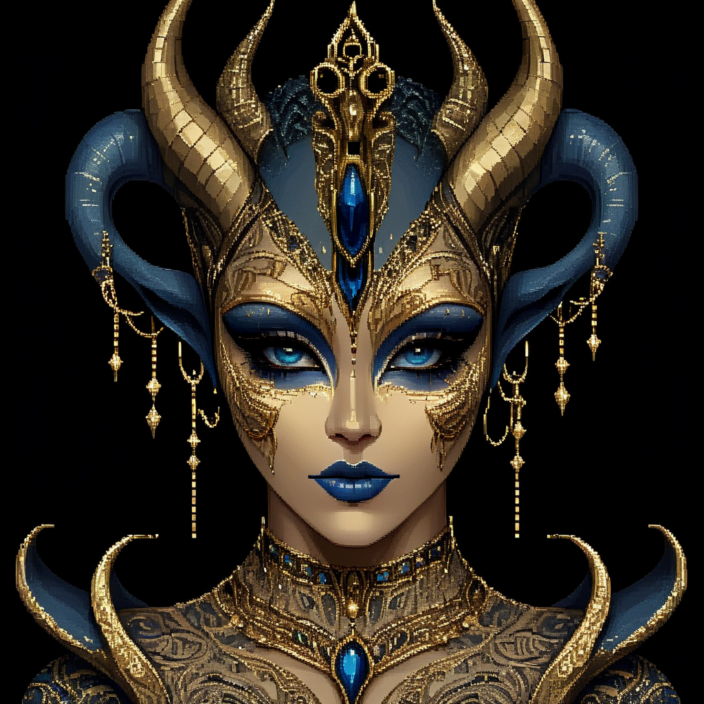 <lora:Pixel_Art_Styles:1>   ArsMJStyle, Pixel Art, manyP, The image shows a woman with blue and gold makeup and a crown on her head set against a dark background. Her face is adorned with intricate details giving her a regal and majestic look., solo, portrait, black background, 1girl, colored skin, looking at viewer, blue lips, horns, closed mouth, blue eyes, smile, blue skin, makeup