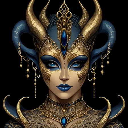 <lora:Pixel_Art_Styles:1> ArsMJStyle, Pixel Art, manyP, The image shows a woman with blue and gold makeup and a crown on her head set against a dark background. Her face is adorned with intricate details giving her a regal and majestic look., solo, portrait, black background, 1girl, colored skin, looking at viewer, blue lips, horns, closed mouth, blue eyes, smile, blue skin, makeup