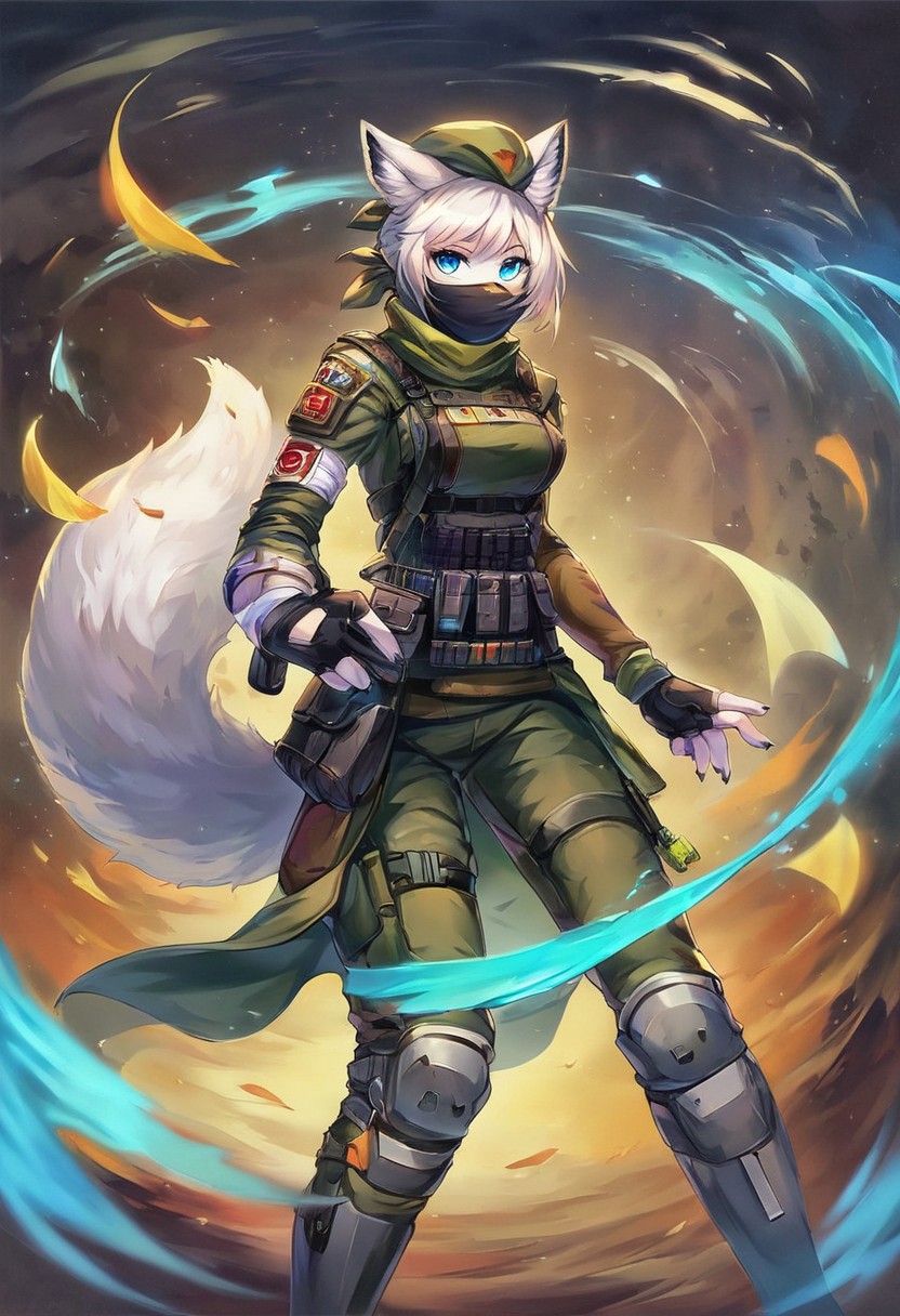 Score 9, Score_8_up, Score_7_up, ng_deepnegative_v1_75t, negative_hand, charturnerv2, knee-deep portrait of adult female,  banners, starship, high technology, shirt, fingerless gloves, soldier uniform,, , anime, Arknight provens, detailed background, cyberpunk, bandana, facemask, furry, arctic fox species, arctic fox tail, arctic fox ears