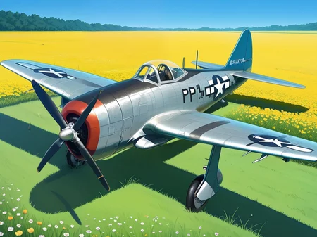 <lora:P-47_Thunderbolt_Illustrious:1.0> (p-47 thunderbolt, aircraft, airplane, propeller:1.1),parked, flower_field, grass, nature, blue_sky, peaceful, outdoor, spring, masterpiece, best_quality, amazing_quality