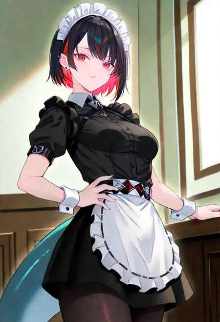 score_9, score_8_up, score_7_up, score_6_up, score_5_up, score_4_up, source_anime, solo, 1girl,
ellen joe, black hair, colored inner hair, multicolored hair, red eyes, red hair, short hair, two-tone hair, apron, black pantyhose, black shirt, black skirt, ear piercing, fins, fish tail, maid, maid apron, maid headdress, pantyhose, piercing, puffy short sleeves, puffy sleeves, shark girl, shark tail, shirt, short sleeves, skirt, tail, two-tone hair, wrist cuffs,
masterpiece, best quality, very aesthetic, absurdres,