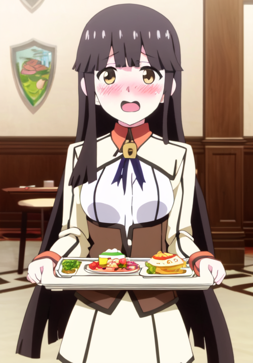 <lora:Claire:0.8>, Claire, 1girl, solo, looking at viewer, blush, open mouth, holding, food, indoors, cup, tray