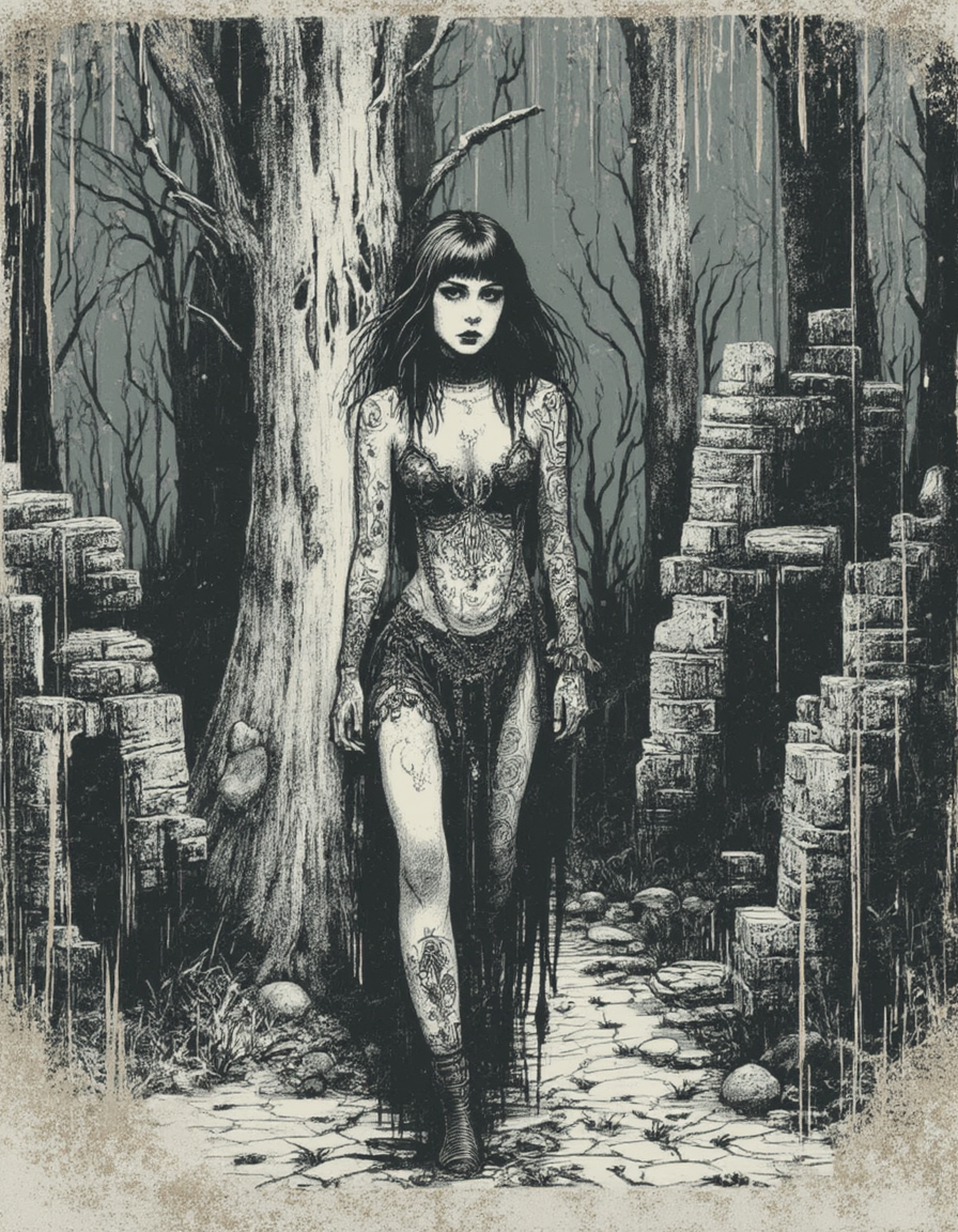 A damaged monochromatic drawing with rough line art and flat colors and strong grain about a young woman with long black and a blunt fringe walking along an overgrown path. She has a beautiful face and large dead eyes. She wears heavy gothic make-up, piercings and jewelry. She has pale white skin covered in intricate tattoos. She is wearing a gothic dress, showing cleavage. She is in a mystic forest with dead trees, fog, cobblestone ruins and tall grass. The atmosphere is eerie and dark with overcast weather.