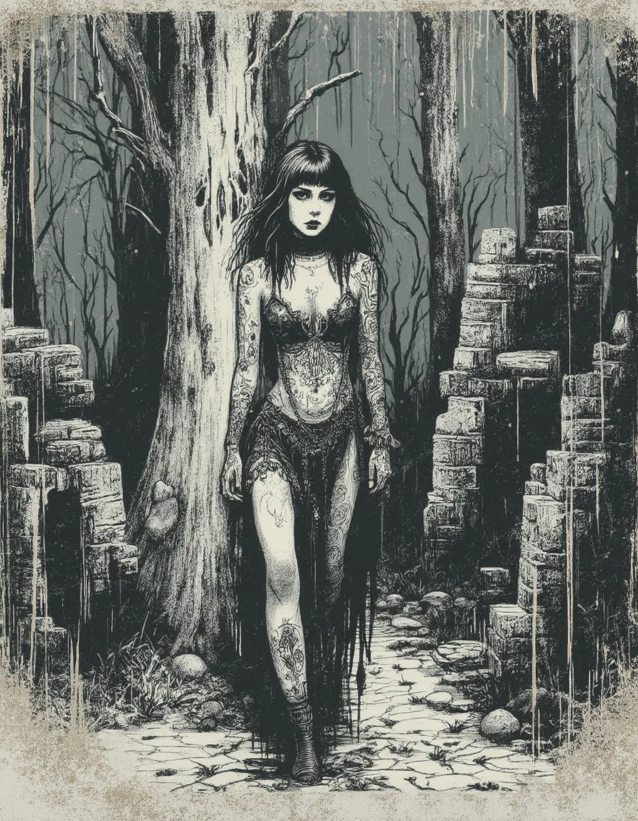 A damaged monochromatic drawing with rough line art and flat colors and strong grain about a young woman with long black and a blunt fringe walking along an overgrown path. She has a beautiful face and large dead eyes. She wears heavy gothic make-up, piercings and jewelry. She has pale white skin covered in intricate tattoos. She is wearing a gothic dress, showing cleavage. She is in a mystic forest with dead trees, fog, cobblestone ruins and tall grass. The atmosphere is eerie and dark with overcast weather.