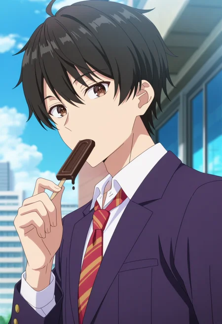 masterpiece, best quality, intricate details, anime screencap, anime coloring, very aesthetic, depth of field, ultra-detailed,  scenery,  , , , 1boy, solo, male focus, <lora:Yuu_Natsume:0.79> ,yuu natsume, black hair, short hair, brown eyes, looking at viewer, outdoors, food, necktie collared shirt, jacket, sky day, cloud, building, school uniform, necktie, popsicle chocolate, food in mouth,upper body