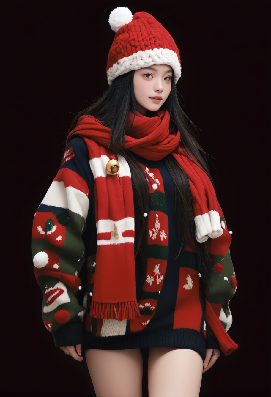 1girl,black background,,ruanyi1386,beanie,multicolored clothes,red scarf,christmas,standing,thigh gap,sweater,<lora:1386 christmas_v1_pony:1>, score_9,score_8_up,score_7_up,,8k,solo,,