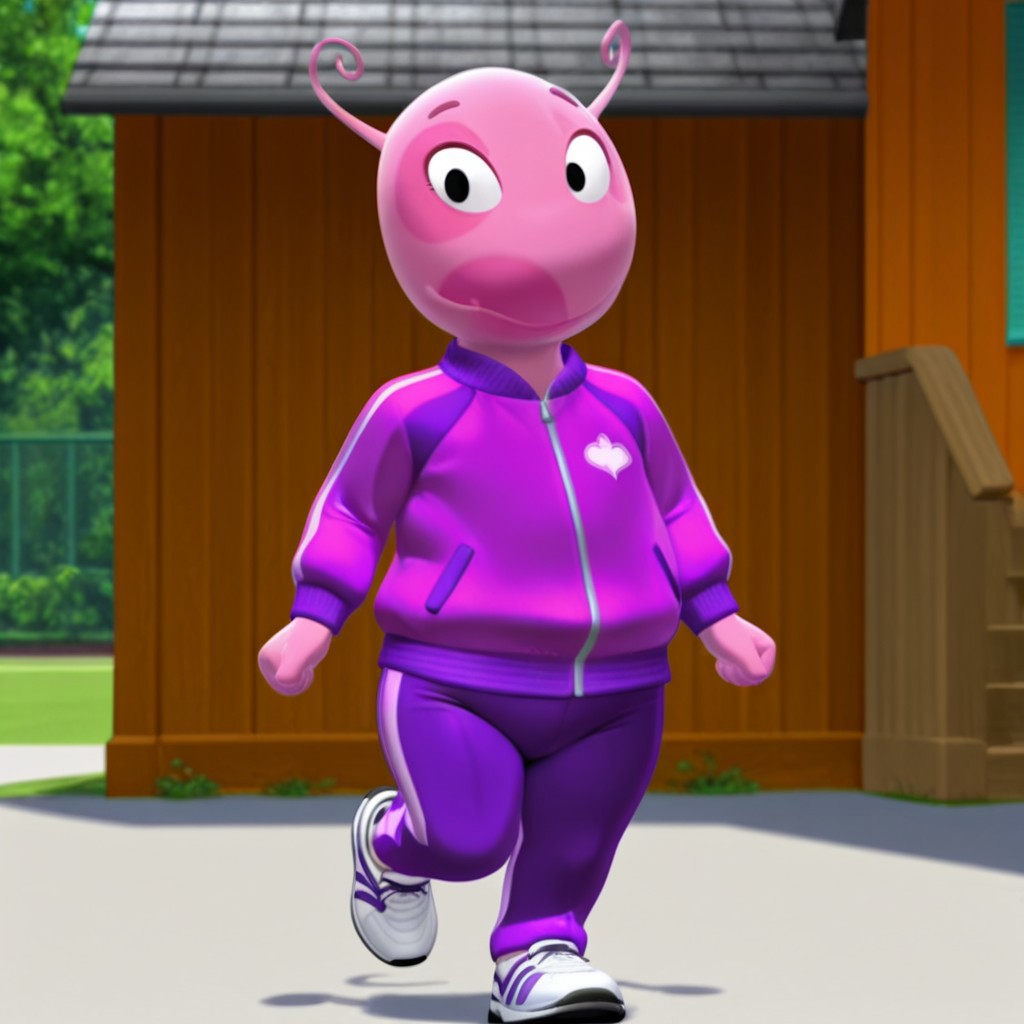 masterpiece, best quality, amazing quality, UniquaBil, anthro, female, pink skin, black eyes, antennae,purple track jacket, purple track pants, white shoes black trim, full body  solo, 1girl, outside, jogging