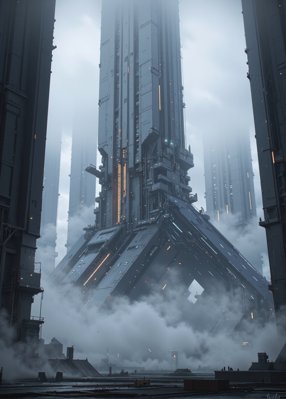 <lora:ck-Sci-Fi-Concepts:0.7>, in the style of ck-sfc, Visualize Artemis Station as a towering, enigmatic structure rising from a cold, fog-laden world. The massive spires stretch skyward, their dark metallic surfaces glistening with condensation from the mist. Each tower is adorned with intricate, glowing lines of orange and blue lights, hinting at the advanced technology within. The fog is thick at ground level, muffling sounds and creating an eerie, quiet atmosphere, while faint mechanical hums reverberate through the air. In the distance, other towering monoliths fade into the fog, creating a sense of endlessness. The lighting is soft and diffused, with occasional beams piercing through the fog from docking bays, casting long, dramatic shadows. The camera is set at ground level, looking up at the overwhelming scale of the station, emphasizing its imposing and mysterious nature. no humans.
<lora:flux.1_lora_flyway_Epic-detail_v2:0.6>
 <lora:CPA:0.5>
 <lora:BLUE_mk4_angel_FLUX_01:0.30>