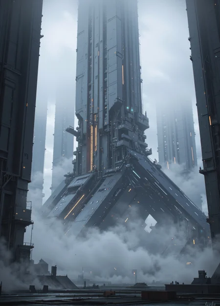 <lora:ck-Sci-Fi-Concepts:0.7>, in the style of ck-sfc, Visualize Artemis Station as a towering, enigmatic structure rising from a cold, fog-laden world. The massive spires stretch skyward, their dark metallic surfaces glistening with condensation from the mist. Each tower is adorned with intricate, glowing lines of orange and blue lights, hinting at the advanced technology within. The fog is thick at ground level, muffling sounds and creating an eerie, quiet atmosphere, while faint mechanical hums reverberate through the air. In the distance, other towering monoliths fade into the fog, creating a sense of endlessness. The lighting is soft and diffused, with occasional beams piercing through the fog from docking bays, casting long, dramatic shadows. The camera is set at ground level, looking up at the overwhelming scale of the station, emphasizing its imposing and mysterious nature. no humans.
<lora:flux.1_lora_flyway_Epic-detail_v2:0.6>
<lora:CPA:0.5>
<lora:BLUE_mk4_angel_FLUX_01:0.30>