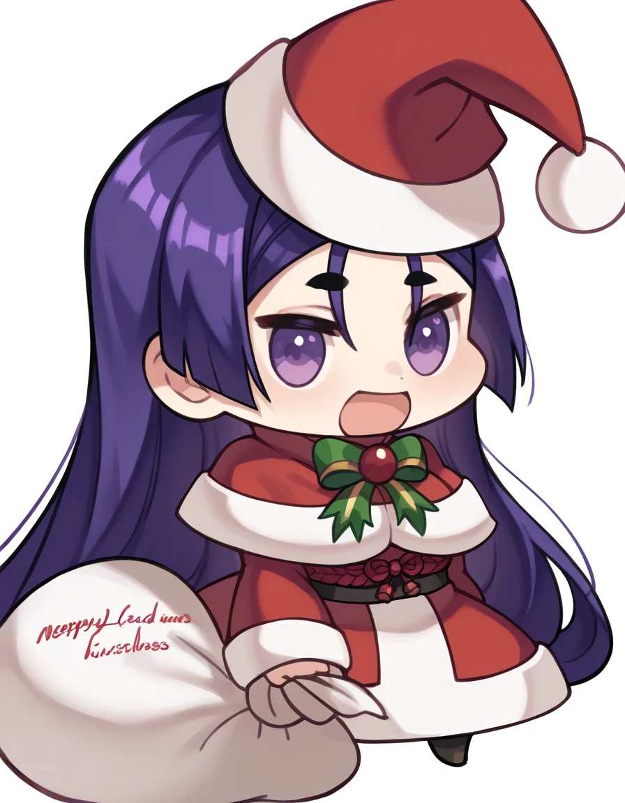 score_9, score_8_up, score_7_up, source_anime, <lora:minamoto-no-raikou-ponyxl-lora-nochekaiser:1>, raikou, parted bangs, purple eyes, purple hair, long hair, hime cut, forehead, mature female, large breasts,, <lora:padoru-ponyxl-lora-nochekaiser:1>, padoru, padoru (meme), holding sack, sack, santa hat, meme, christmas, open mouth, chibi, red capelet, santa dress, capelet, fur-trimmed headwear,, ,